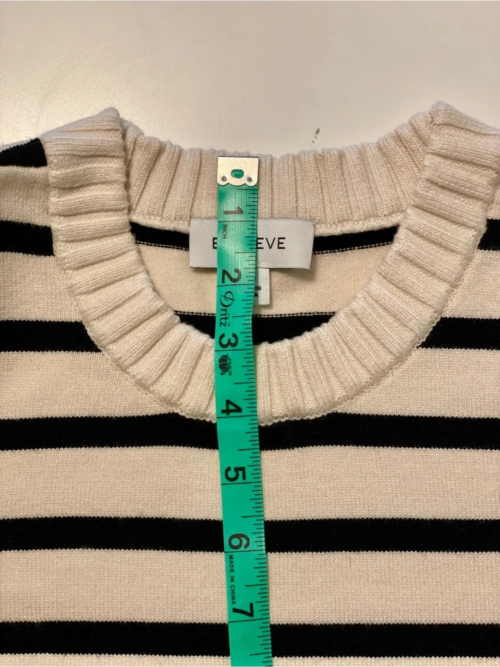 Evereve Harlow Black & Ivory Striped Crewneck Sweater w Faux Suade sleeves